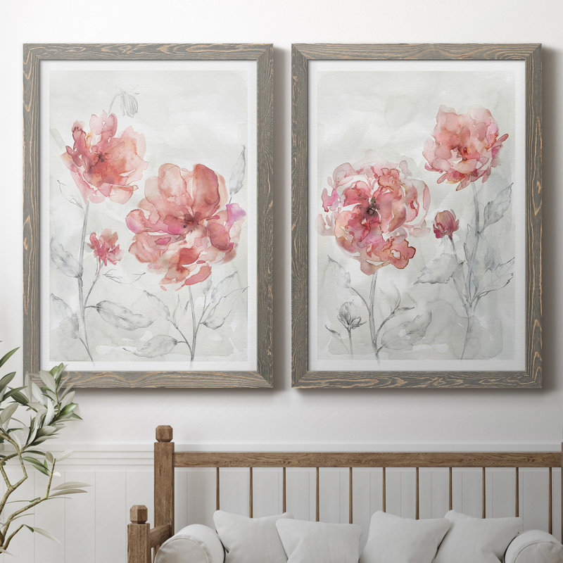 «Blush Botanical I», ensemble de 2 reproductions d'art, H 44 po x l 31 po x P 1 po, Toile avec cadre gris, Pas de tapis