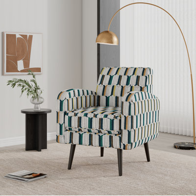 Chaise d'appoint Accent à rayures jaunes, olive et bleu marine avec pieds en bois massif brun foncé