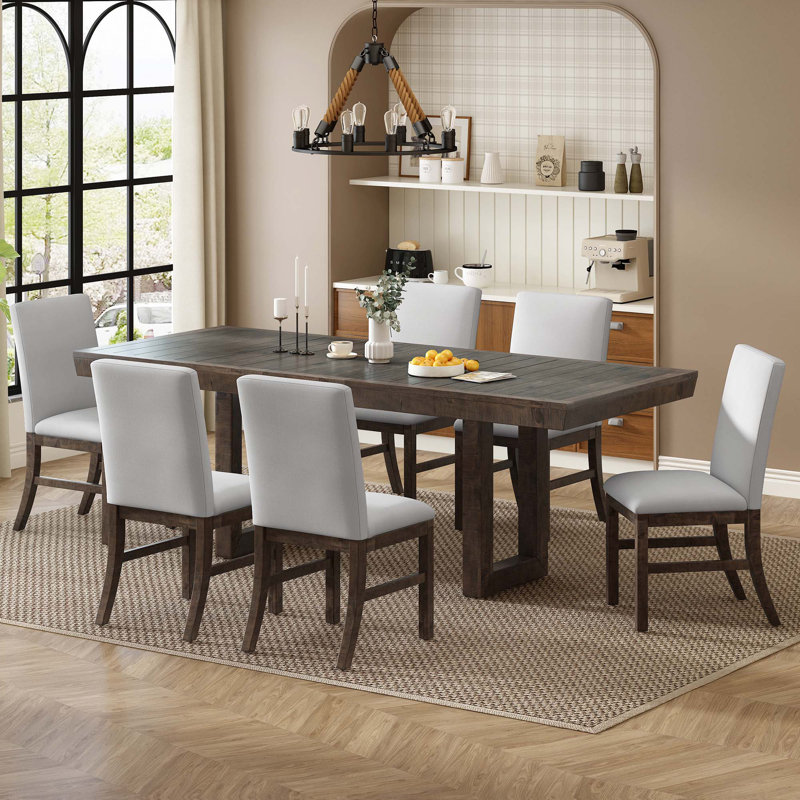 Ensemble de table de salle à manger 7 pièces avec chaises rembourrées, Brun, Gris / Brun