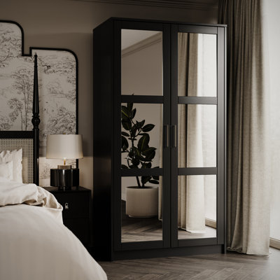 100% Solid Wood 2-Door Mysia Wardrobe Armoire with Mirrored Doors