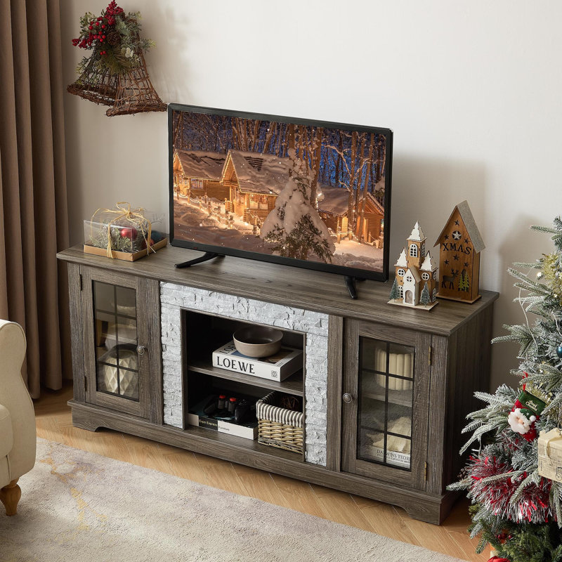 58" Modern TV Stand With 2-Door Storage, Faux Stone Media Console Cabinet, Grey Large Entertainment Center For Living Room