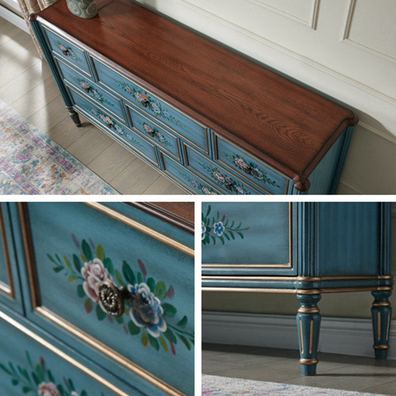 Buffet décoratif bleu en bois massif, Bleu / noyer