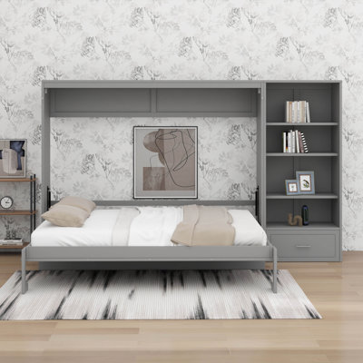 Grand lit escamotable avec compartiments de rangement à hauteur réglable et tablette, cadre de lit mural avec 1 tiroir, lit plateforme pliable multifonctionnel pour les petits espaces