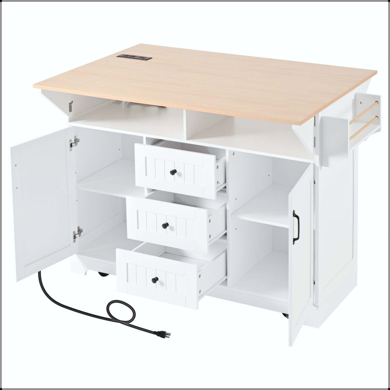 55.7" Large Kitchen Island with Double Drop Leaf and Power Outlet – White, White