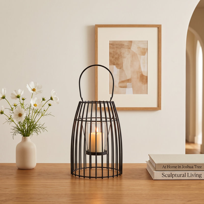 Enya Solid Iron and Glass Candle Lantern with Handle, 12" H x 8" W x 8" D, Black