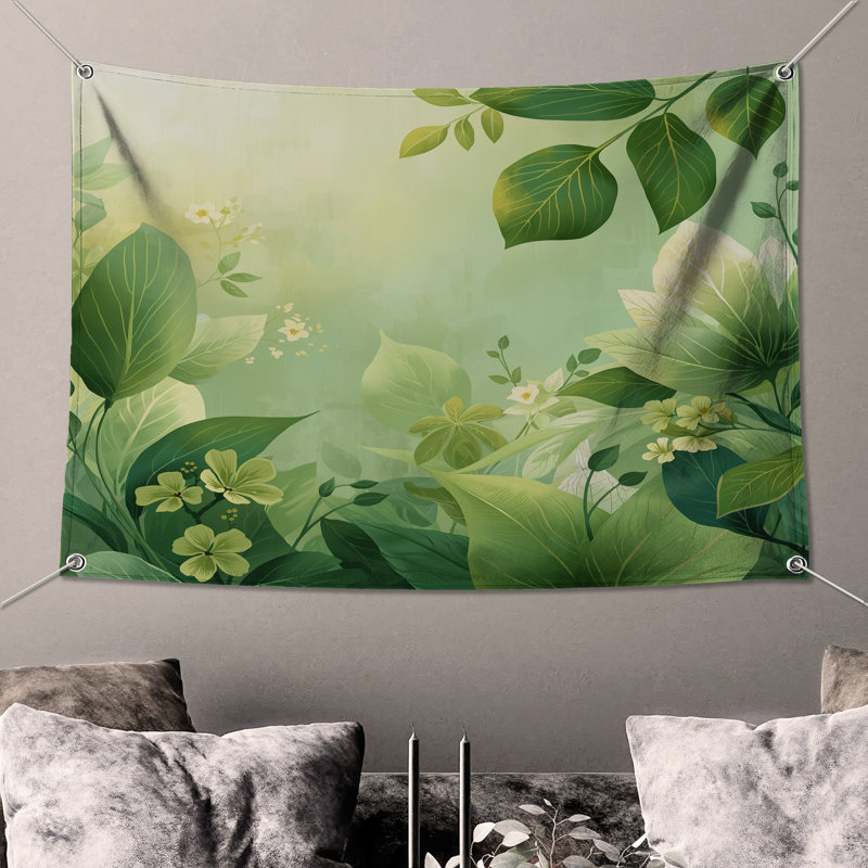 Tapisserie murale plantes vertes à feuilles - décoration murale feuillage, H 104 po x 88 avec 4 œillets
