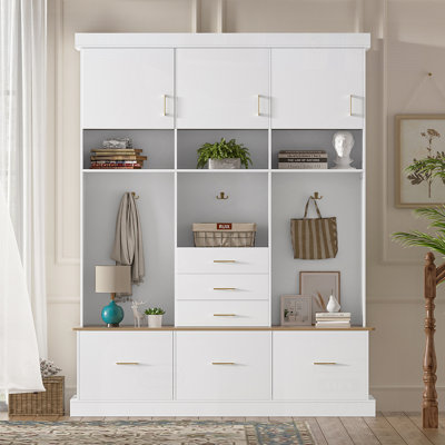 Portemanteau moderne 75 po H 5-en-1 avec portemanteau, 6 tiroirs, 3 armoires et 3 niveaux de rangement pour le couloir, l'entrée, le salon et le vestibule