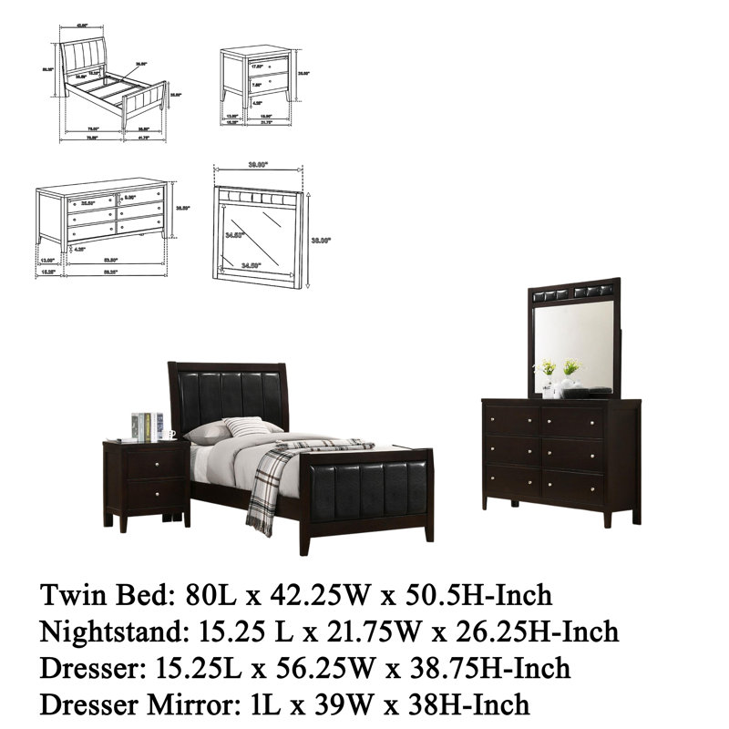 Ensemble de chambre à coucher pour lit simple 4 pièces Vida, revêtement en similicuir brun, commode, Simple
