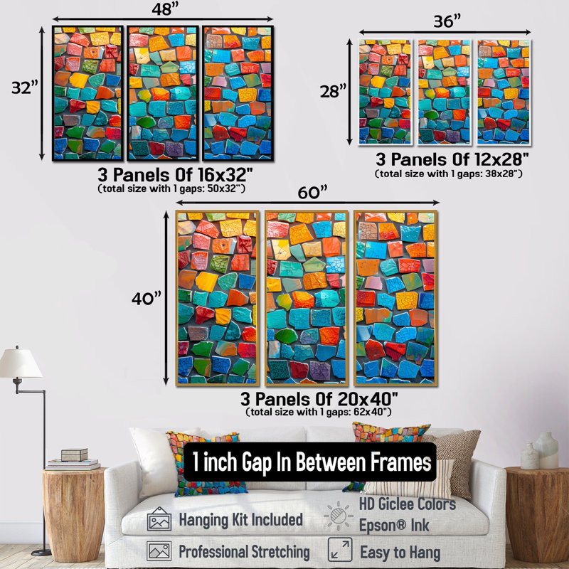 Alexei - Ensemble d'art mural mosaïque Boho, Toile naturelle avec cadre flottant, H 32 po x l 48 po x P 1 po