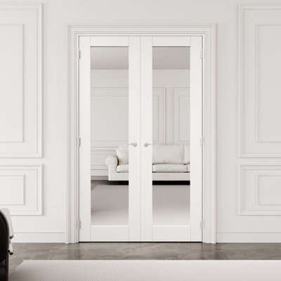 Porte française de 48 po x 96 po à 1 vitre avec quincaillerie argentée, loquet et levier de porte, miroir latéral, peint et imperméable, combinaison pour la lessive, portes de placard, portes de pièce, assemblage requis