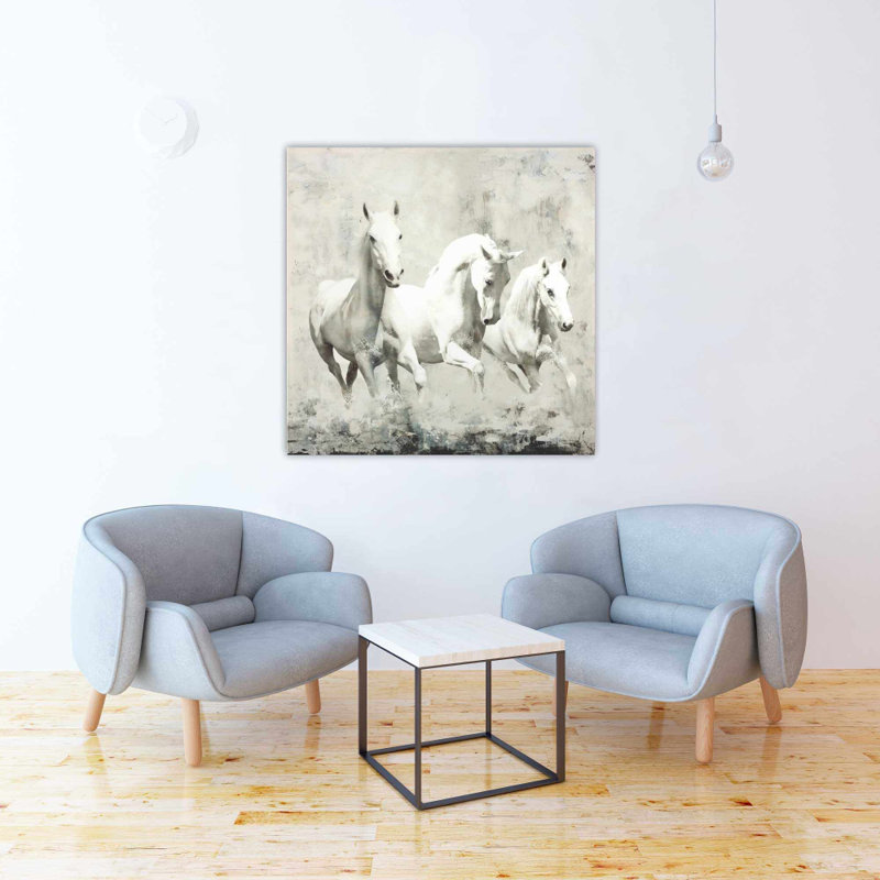 Trois chevaux blancs qui courent - Toile grise décorative