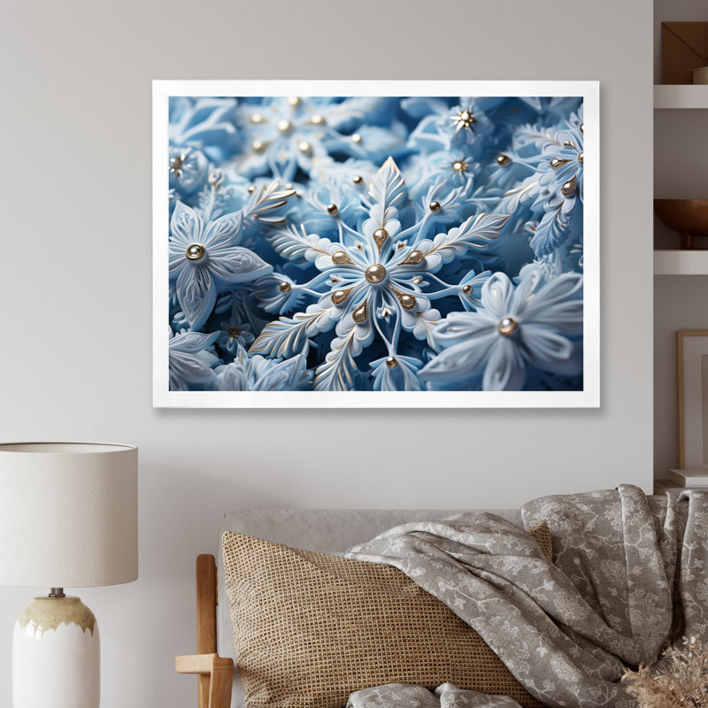 " Glimmering Snowflakes I ", 30" H x 40" W x 1.5" D, White Single Picture Framed