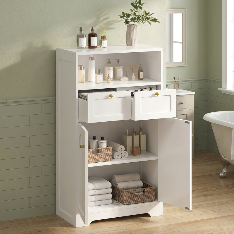 Armoire de salle de bain autoportante avec tablette ouverte 2 portes 2 tiroirs, rangement au sol pour la salle de bain, cuisine