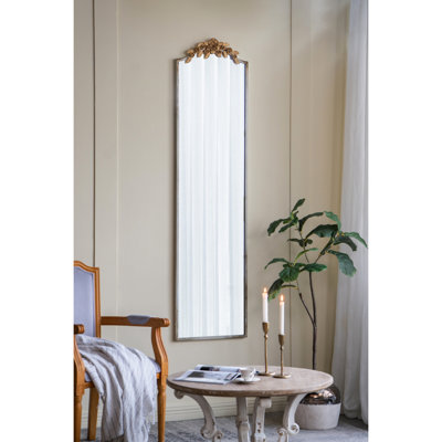 Elegant Full Mirror With Distressed Border And Intricate Gold Floral Design Gorgeous Rectangular Ornate Accent
