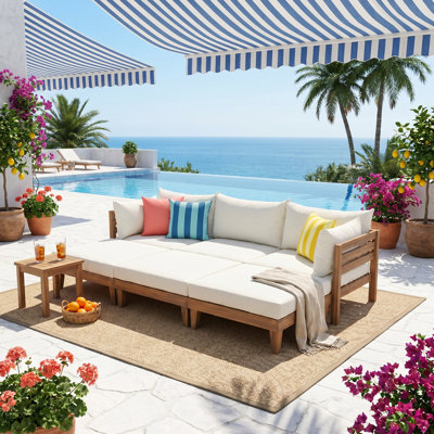 96.3" Outdoor Acacia Wood Daybed, 6-Piece Patio Sofa Set with 5 Pillows & 6 Cushions, Modular Sectional Seating Group, Water-Resistant Fabric, Adjustable Feet for Backyard
