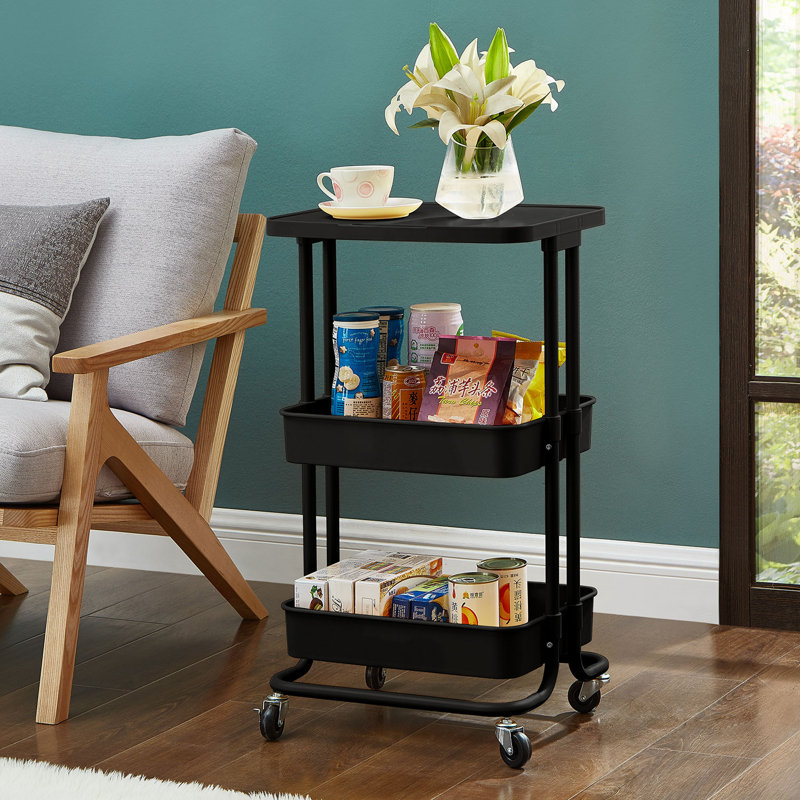 3-Tier Utility Rolling Cart with Wheels & 3 Hanging Baskets, Black