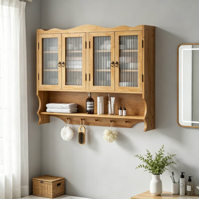Armoire murale 39,37 "à 4 portes rétro, avec deux niveaux d'espace de rangement et un support à crochets ouverts, convient aux salles de bain, cuisines, salles à manger, naturel