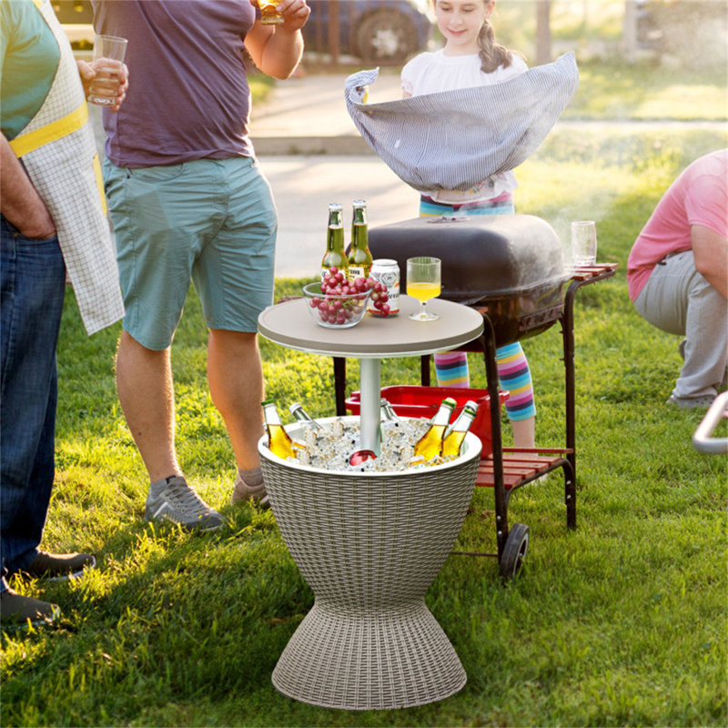 Table d'appoint de 8 gallons avec plateau de table extensible en rotin et hauteur réglable, refroidisseur de boisson pour terrasse avec capacité de charge de 165 lb et bouchon de drain