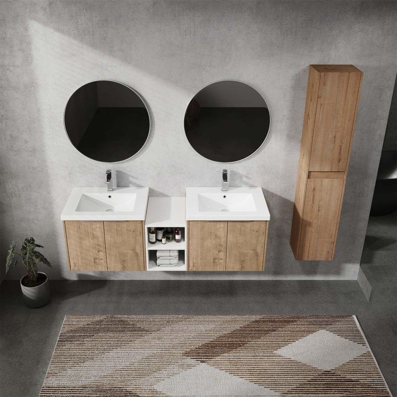 Meuble-lavabo mural avec lavabo et armoire latérale, portes à fermeture douce, armoire combinée