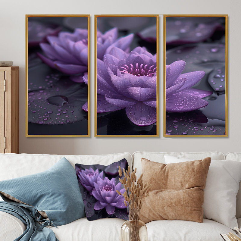 Ensemble d'art mural Saltzman - Lotus, Toile avec cadre flottant or, H 28 po x l 36 po x P 1 po