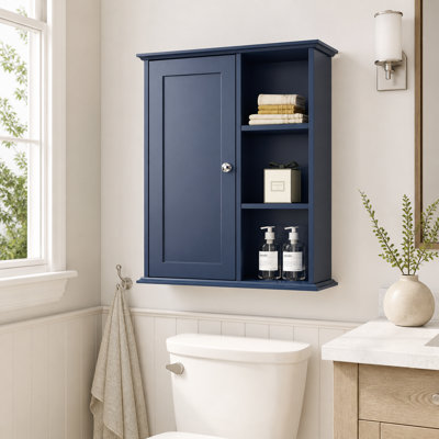 Armoire murale de salle de bain en MDF bleu avec rangement au-dessus des toilettes et charnières à fermeture en douceur