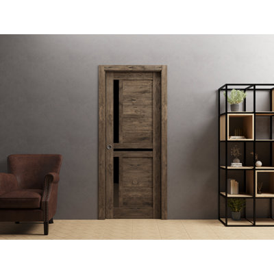 Porte coulissante à galandage avec vitrage dépoli | Veregio 7588 Chêne-Cognac | Ensemble de moulures, rails et quincaillerie | Porte intérieure robuste en bois massif pour chambre à coucher - 45,7 cm x 203,2 cm