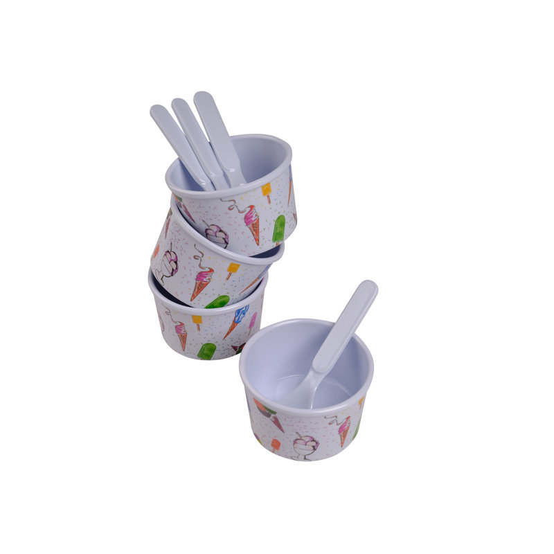 White Melamine Ice Cream Cups with Spoons Set for 4 Guests