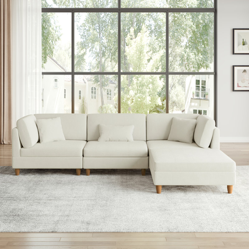 Seemab 4 - Piece Upholstered Beige Corduroy Modular Sectional with Pillow Back and Removable Ottoman, Beige Corduroy