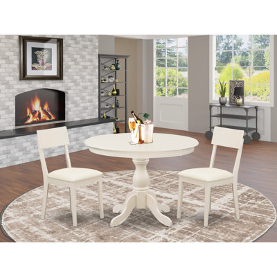 Ensemble de table de cuisine 3 pièces pour petits espaces comprenant une table ronde avec piédestal et 2 chaises de salle à manger en similicuir, blanc lin