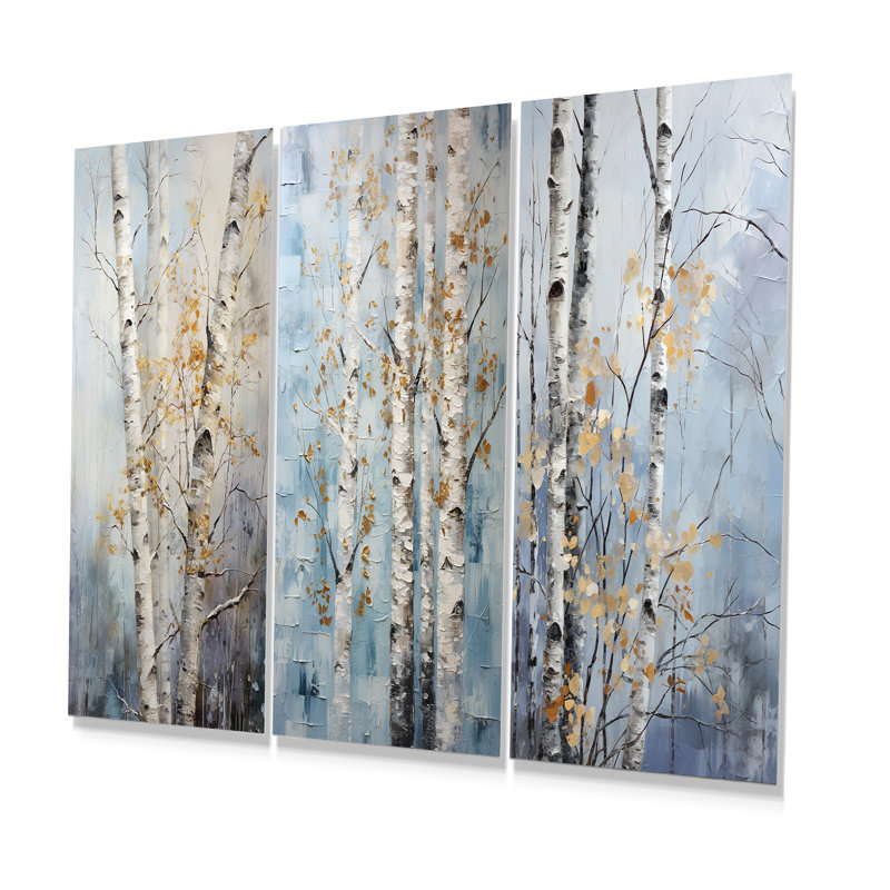 «Silver Birchs Tree Silver Breath» - ensemble de 3 reproductions d'art mural en métal, H 28 po x l 36 po