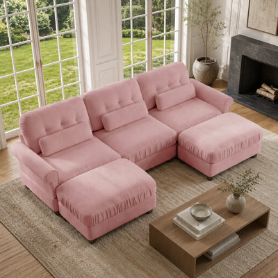 Canapé d'angle modulaire 3 places en chenille en forme de U avec 2 poufs