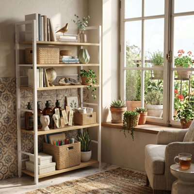 Bibliothèque blanche à 4 niveaux, bibliothèque haute avec cadre en métal et tablettes en bois, support de rangement industriel pour livres, CD, plantes, étagère pour bureau de chambre à coucher