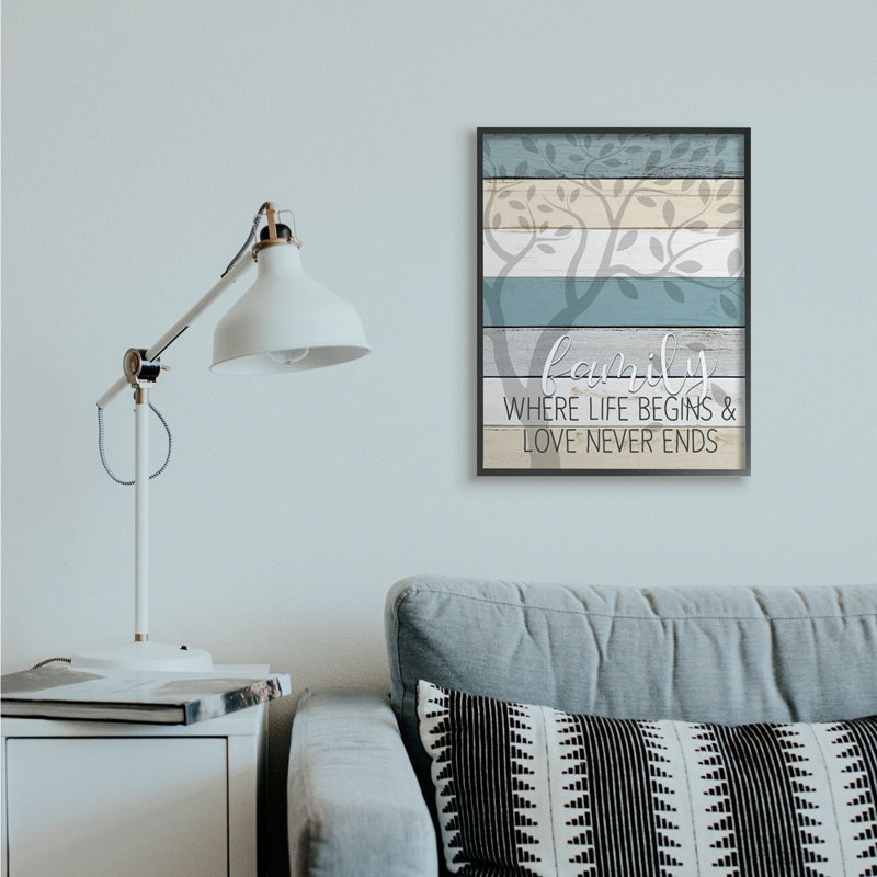 «Family Start and End Quote Tree Wood Grain Blue Tan» par Kim Allen - impression d'art graphique, H 30 po x l 24 po