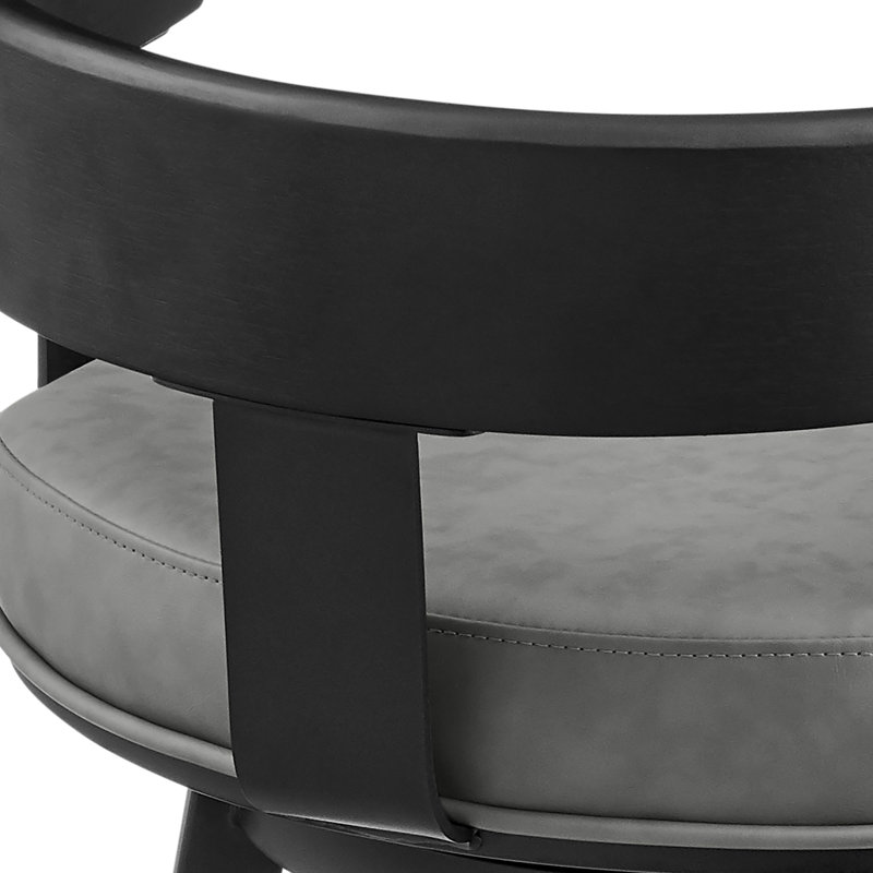 Ahlem Modern Swivel Counter or Bar Height Barstool with Arms and Open Low Back in Iron with Wood and Faux Leather