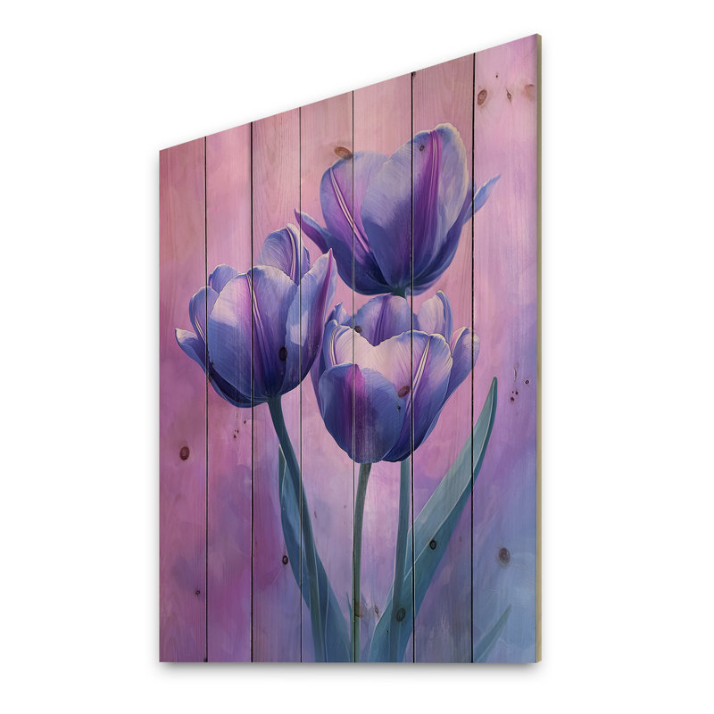 Lavande tulipes Twilight Shine I - art mural en bois de tulipes - sur bois de pin naturel, H 44 po x l 34 po x P 0,78 po