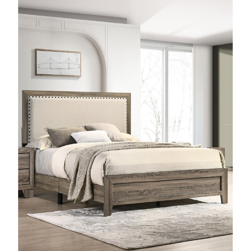 Lit simple contemporain avec tête de lit tapissier gris, tête de lit en bois massif et structure solide, Gris, Twin