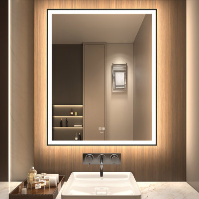 LED Black Framed Bathroom Vanity Mirror, Illuminated Dimmable Anti Fog Makeup Mirror, 3 Color Light