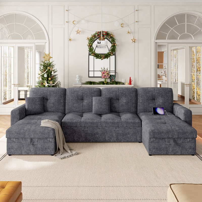 U-shaped Sleeper Sofa With Adjustable Backrest, Living Room Large Pull Out Sofa Bed With Charging Station And LED Lights, Chenille Gray