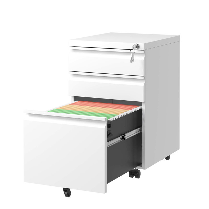 Classeur à 3 tiroirs avec serrure White Office Rangement en métal entièrement assemblé. Convient aux lettres / au format légal / A4. Contenant de documents sécurisé. Les tiroirs contiennent un plateau à crayons amovible. Roulettes lisses à 5 roulettes.