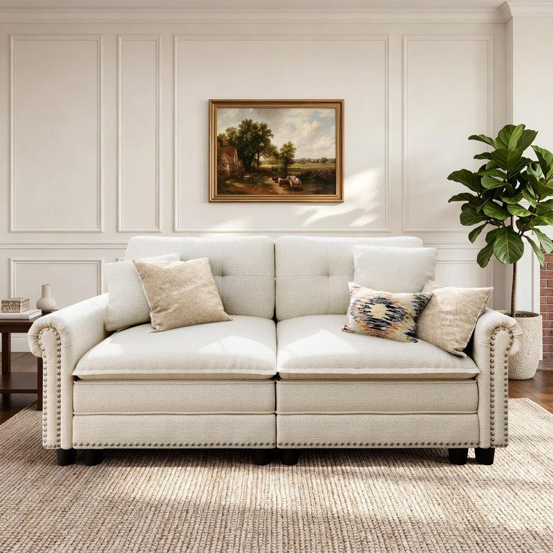 88" Modular Sectional Loveseat Couches With Nailhead Trim, 2-seater Deep Seat Sofa With Throw Pillow, Beige Linen Blend