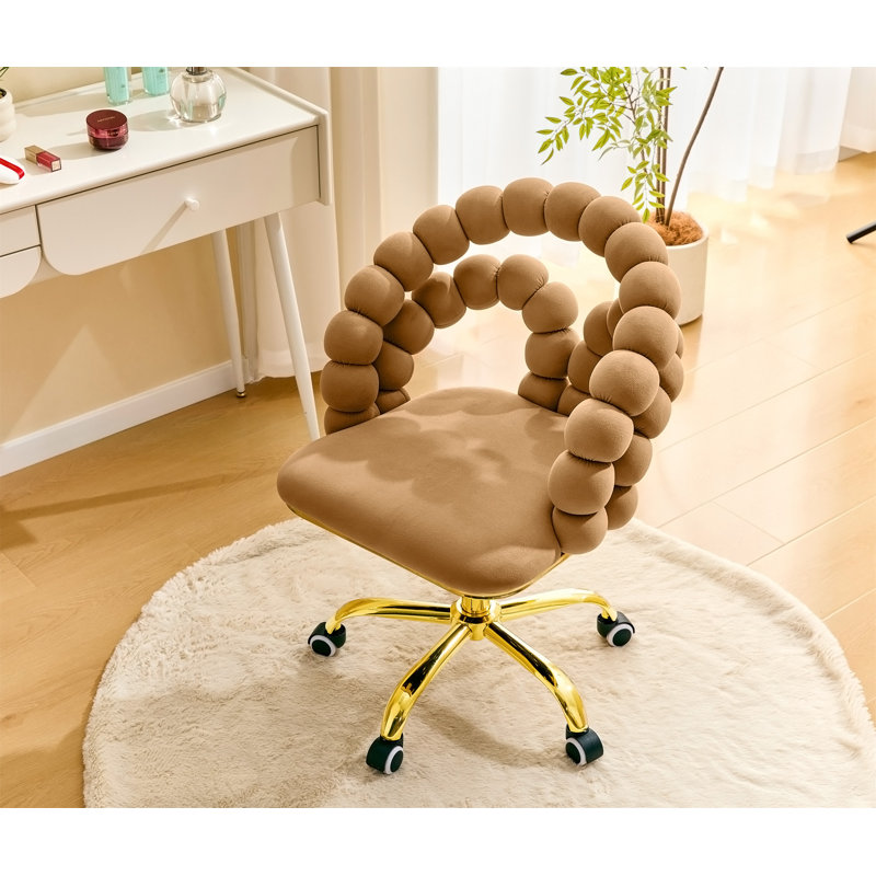Fauteuil de bureau en velours pivotant avec dossier à bulles, fauteuil de coiffeuse mignon à hauteur réglable avec base dorée et roulettes pour la chambre à coucher et la salle de maquillage.