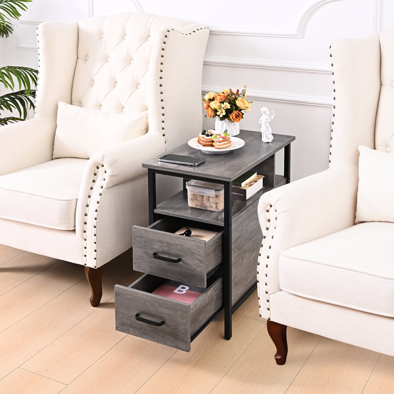 End Table with Charging Station, Narrow End Table with 2 Wooden Drawers, Light Gray