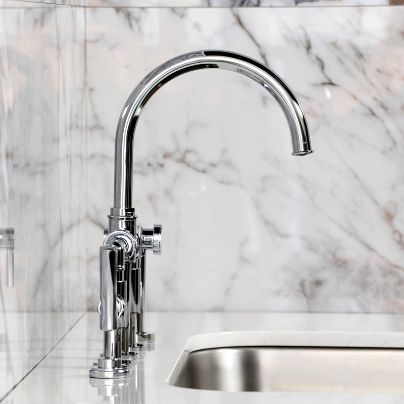 Kingston Brass Hallerbos Two-Handle 4-Hole Deck Mount Bridge Kitchen Faucet with Brass Side Sprayer, Polished Chrome