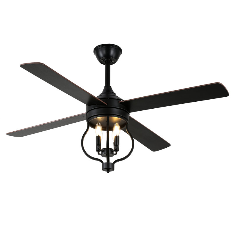 Ventilateur de plafond de style campagnard à cage 48 po Kahliel, Noir, Noir