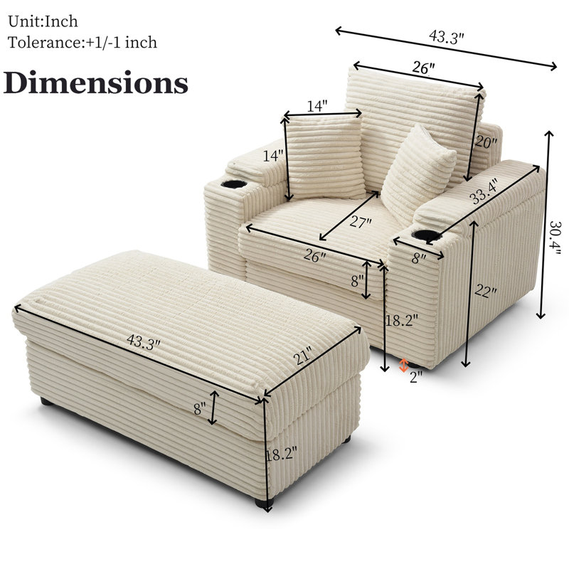 Chaise longue rembourrée avec repose-pieds, Tissu crème