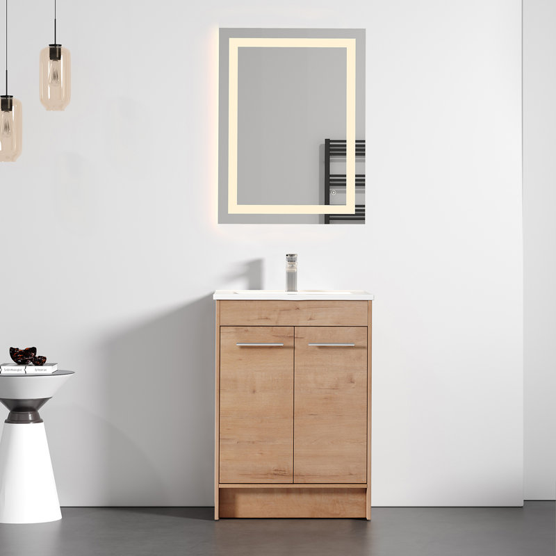 Ensemble de meuble-lavabo simple autoportant avec lavabo en céramique blanche Grove, 2 portes à fermeture douce et 1 tablette réglable, ensemble de meuble-lavabo sur pied en chêne naturel