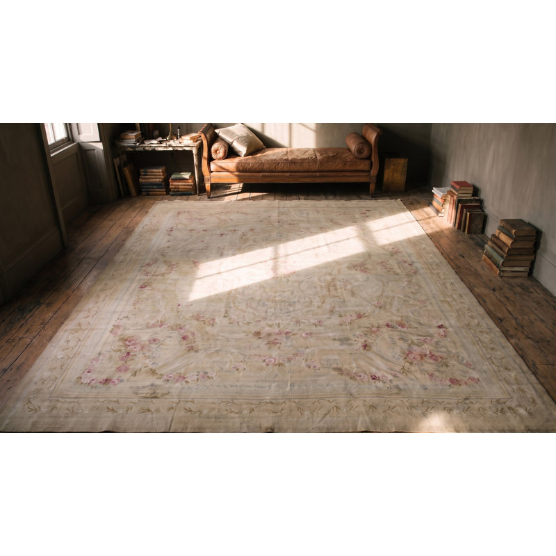Light Cream Color Faded Rose Floral Design Antique French Aubusson Rug