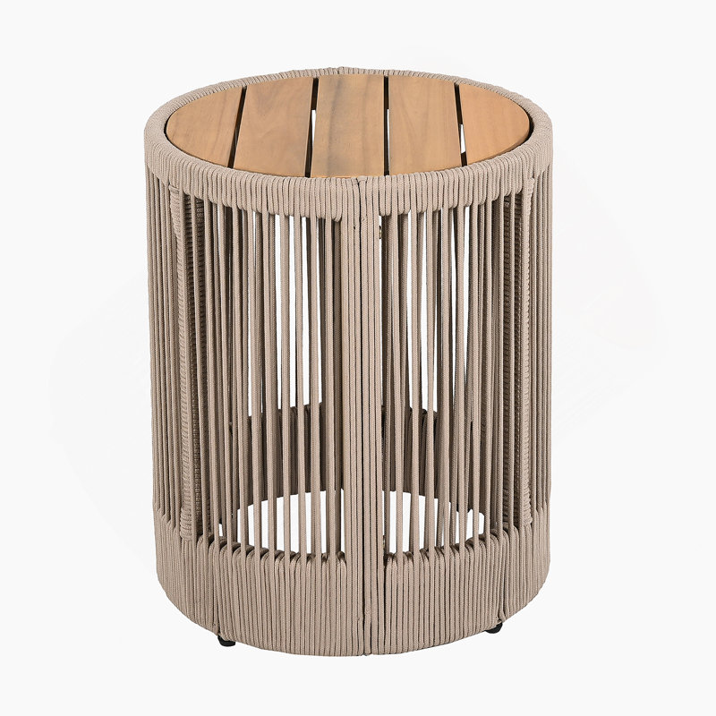 Outdoor Rattan Rope & Acacia Wood Side Table - Patio Balcony Furniture For Garden, Yard, Balcony - Weather Resistant(Rope Beige, Natural Iron)