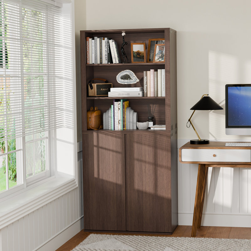 Large 2-Piece Wall Unit Bookcase Set, 71" H Storage Cabinet With Double Doors And Open Bookshelf Organizer Natural