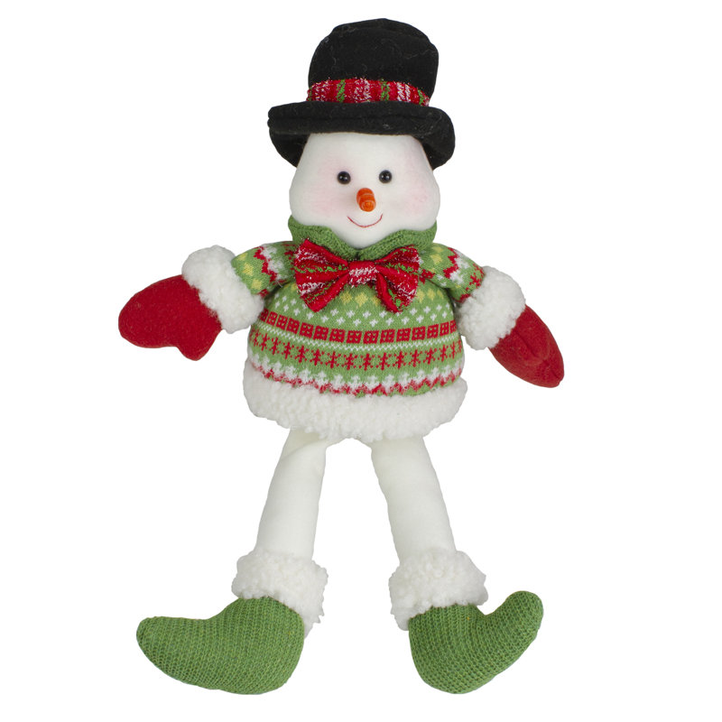 Figurine de Noël en forme de bonhomme de neige souriant assis 18 po rouge et vert